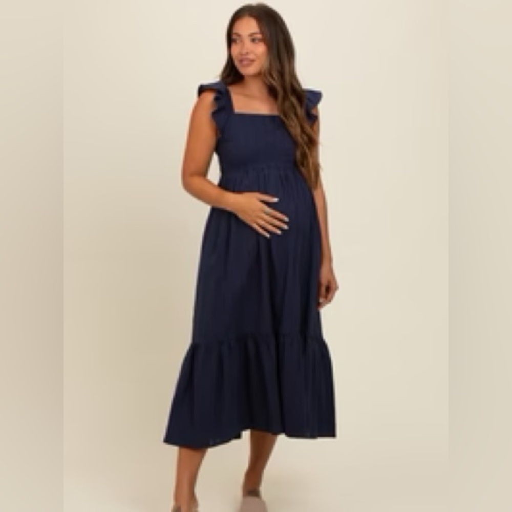 Navy Blue Ruffle Sleeve Midi Dress